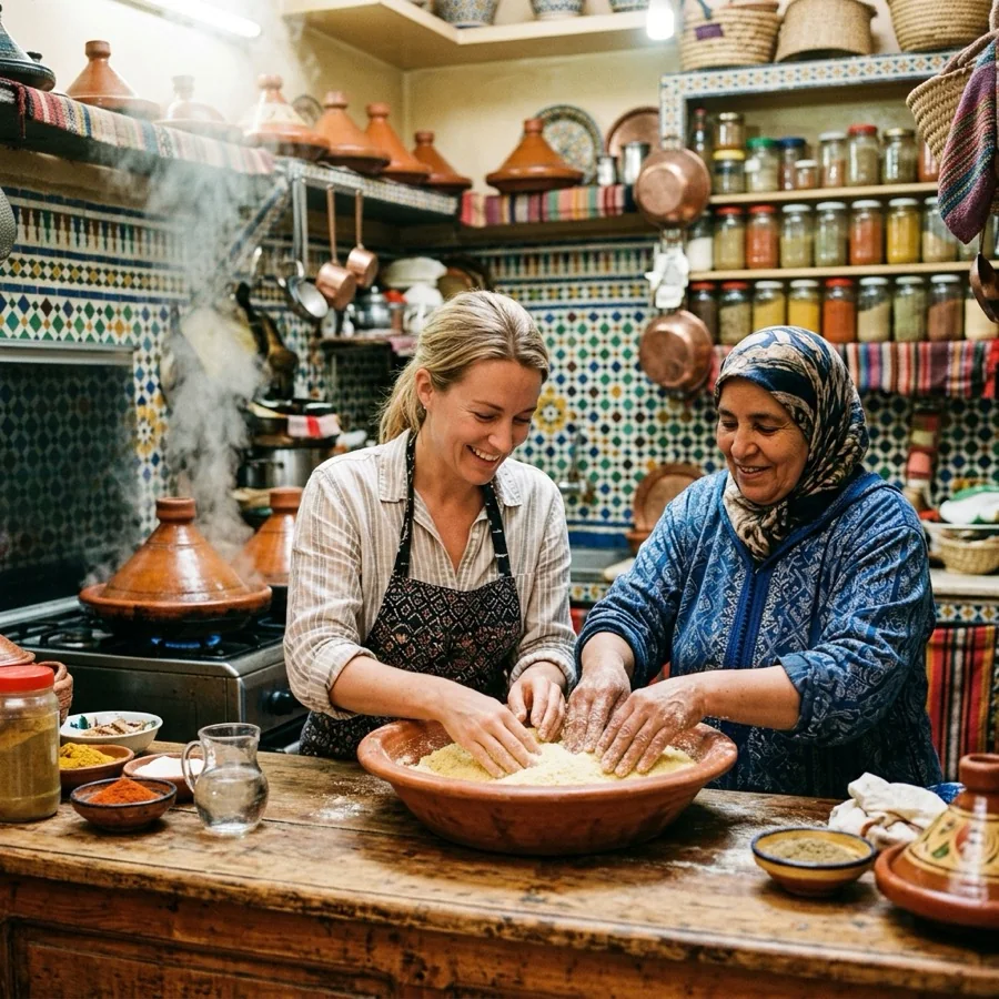 Two women preparing couscous together in a vibrant Moroccan kitchen with tiled walls and copper pots