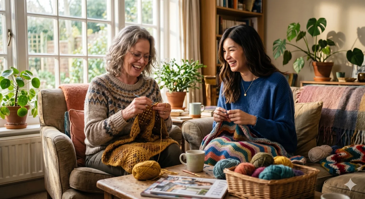 Two women knitting and laughing together in a cozy living room