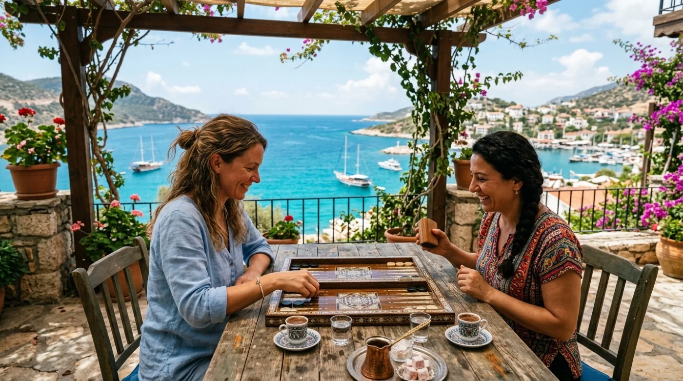 Two women playing backgammon over coffee on a terrace overlooking a Mediterranean bay
