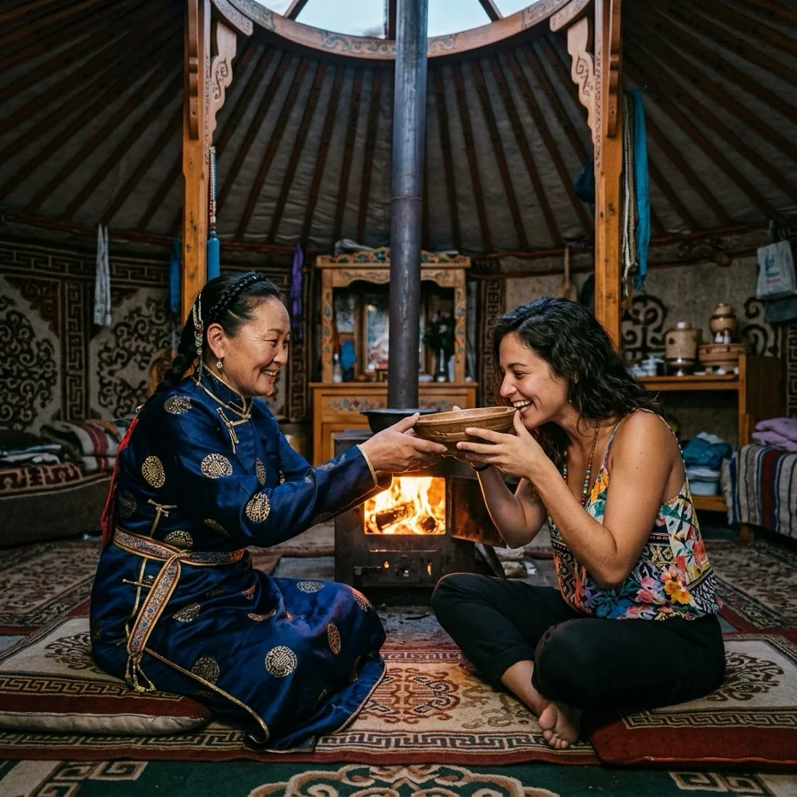 A Mongolian woman in traditional dress sharing airag with a traveler inside a yurt by the fire