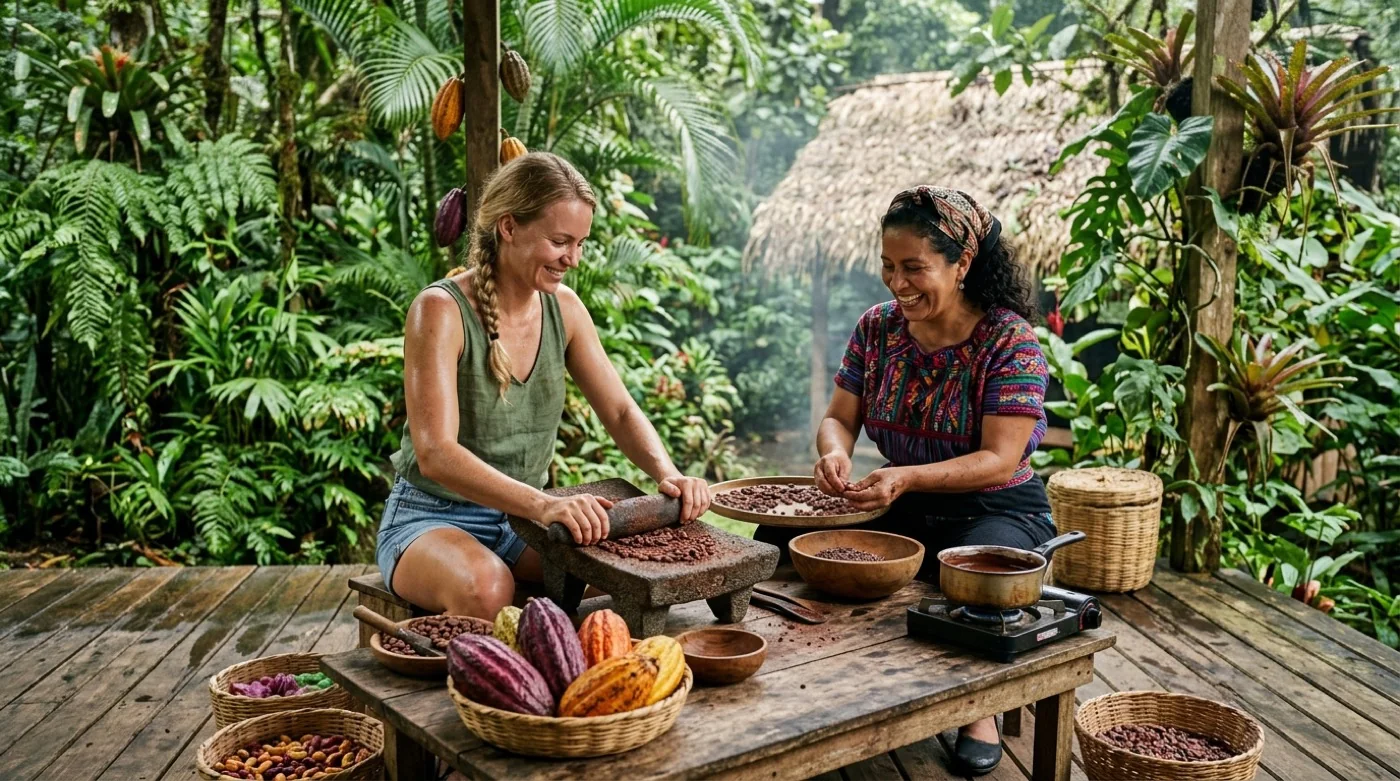 Two women grinding cacao beans together on a jungle terrace in Guatemala