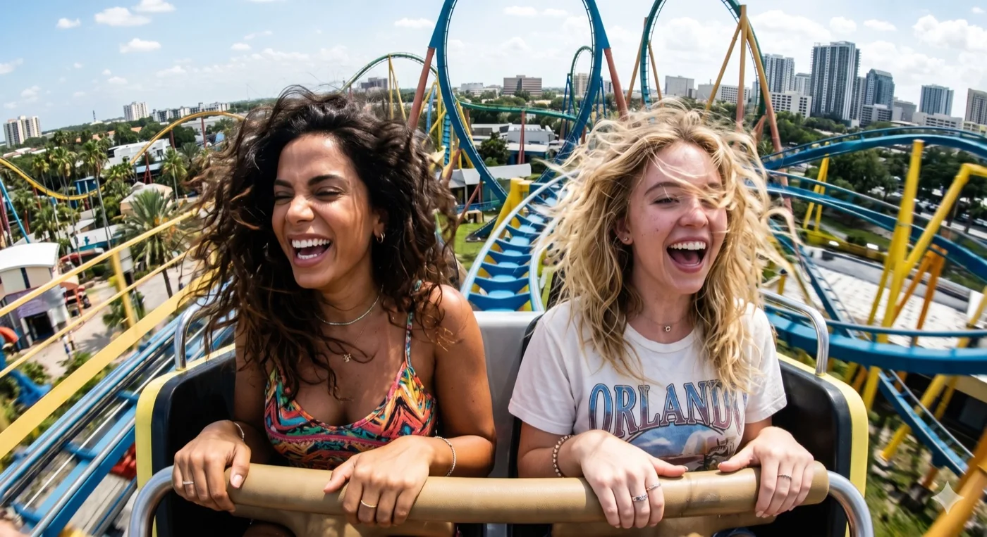 Two women screaming with joy on a roller coaster at an amusement park in Orlando