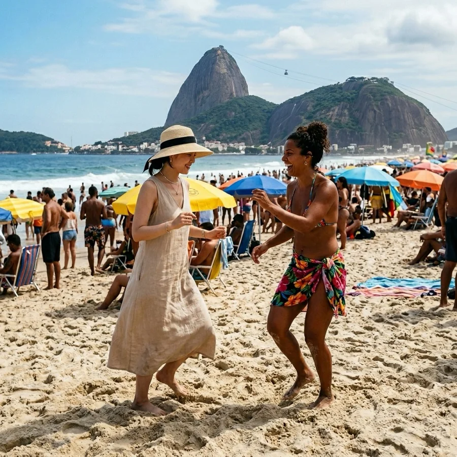 Two women dancing samba on Copacabana beach with Sugar Loaf mountain in the background