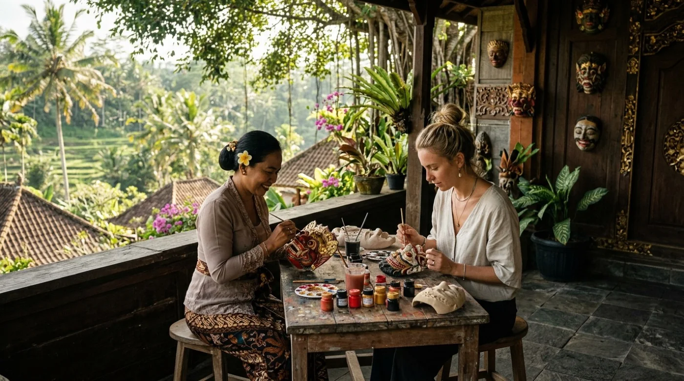 Two women painting traditional Balinese masks on a wooden terrace surrounded by tropical jungle