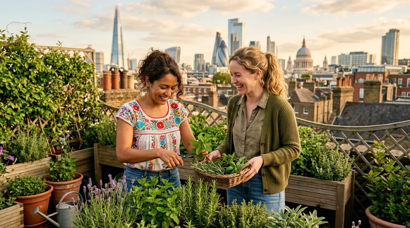 Two women picking fresh herbs from a rooftop garden with the London skyline in the background