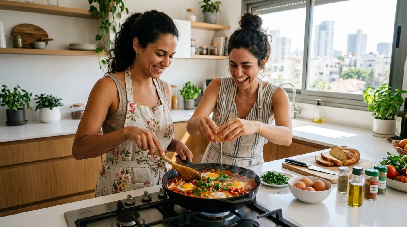 Two women laughing while cooking shakshuka together in a bright modern kitchen with city views