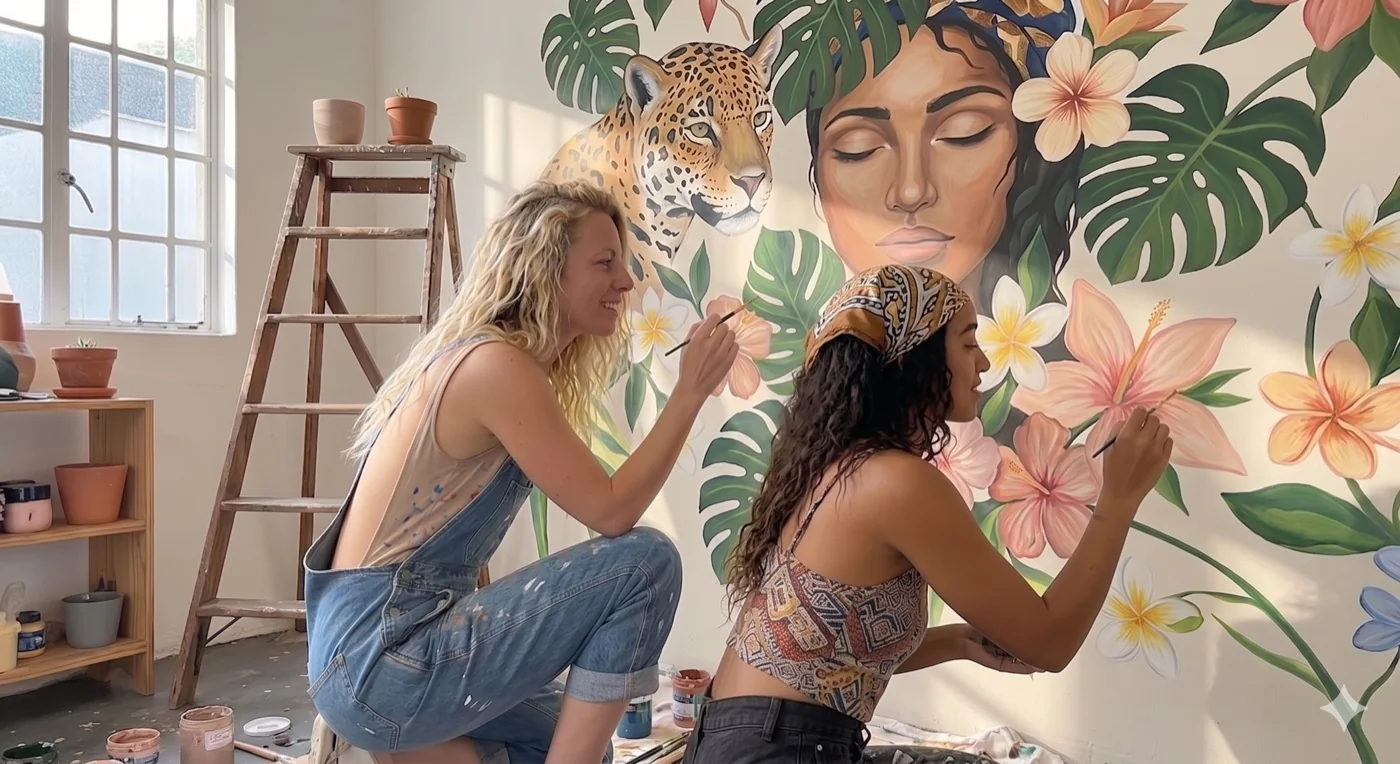 Two women collaborating on a large floral and tropical mural in a bright studio