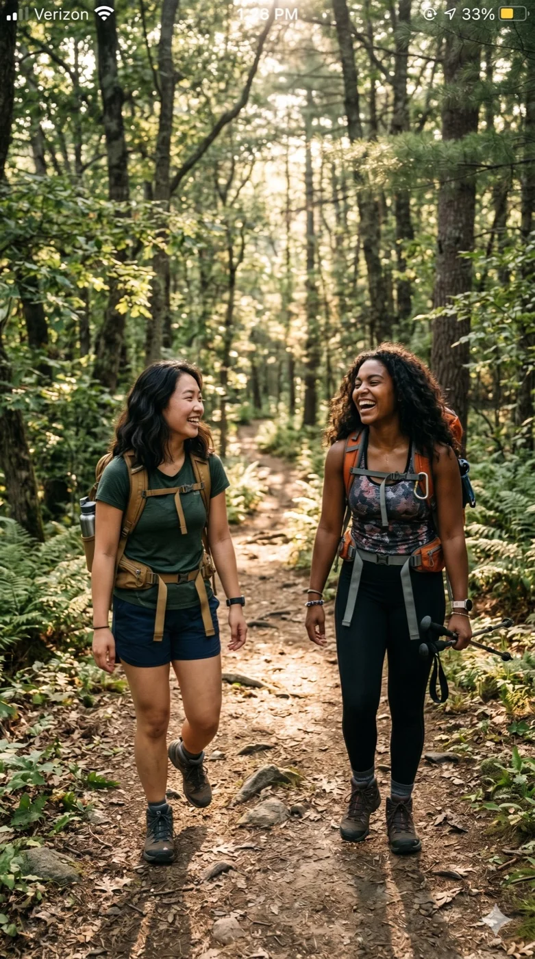 Two women hiking together through a lush green forest trail with backpacks